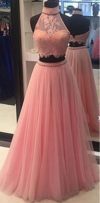 Two Pieces Prom Dress, High Neck Prom Dress, Vintage Tulle Party Dress,