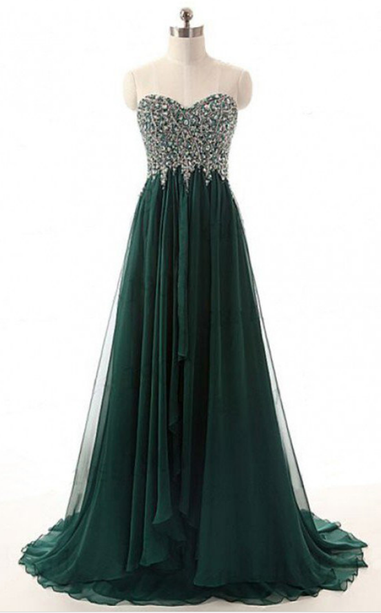 Pretty Green Beading Chiffon Prom Dresses,handmade Sweetheart Evening Gowns