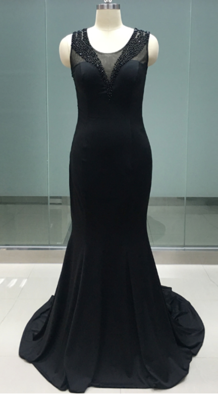 Real Photo Spandex Black Evening Dress Mermaid Sheer Back Beading Girl Prom Party Dress