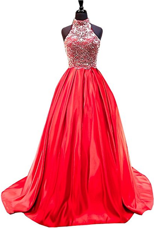 Women's High Neck Backless Two Pieces A Line Beading Satin Prom Dress