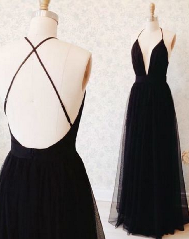 Black Plunge V Tie-back Floor Length Tulle A-line Formal Dress, Featuring Criss-cross Open Back
