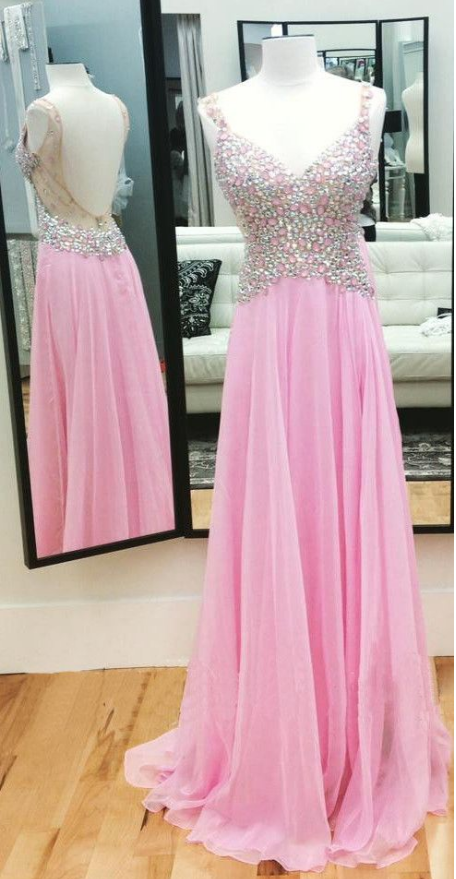 Pink Beaded Embellished Plunge V Shoulder Straps Floor Length Chiffon A-line Prom Dress Featuring Open Back