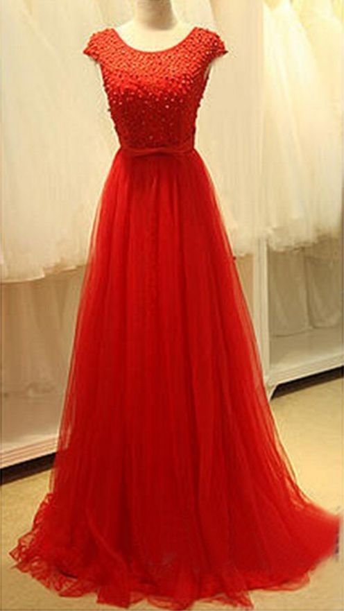 Cap Sleeves Prom Dress,a-line Princess Prom Dress,red Prom Dress,long Prom Dress,tulle Prom Dress,round Neck Prom Dress