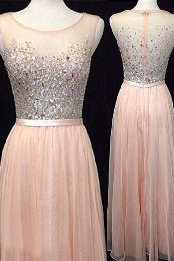 Pink prom dress,long prom dress,round neck prom dress,sleeveless prom dress,long prom dress,beautiful beading prom dress