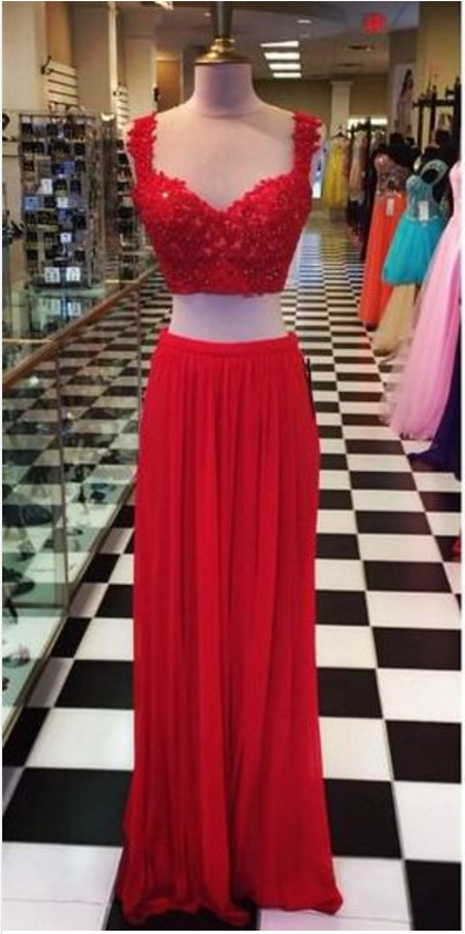 Red Prom Dress,two Pieces Prom Dress,chiffion Prom Dress,sexy Prom Dress,beautiful Beading Prom Dress,
