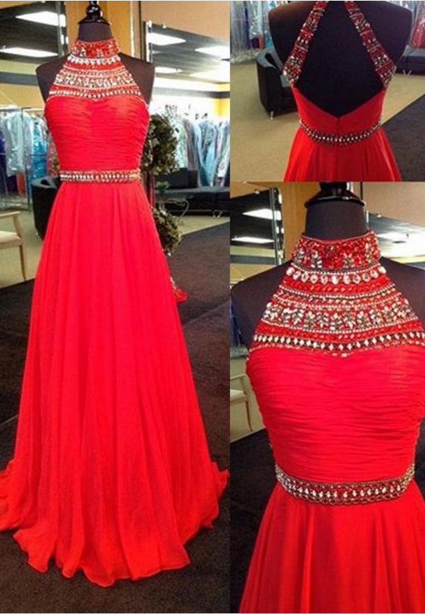 High Neck Prom Dress,red Prom Dress,long Prom Dress,chiffion Prom Dress,beautiful Beading Prom Dress,high Quality Custom Made Prom Dress
