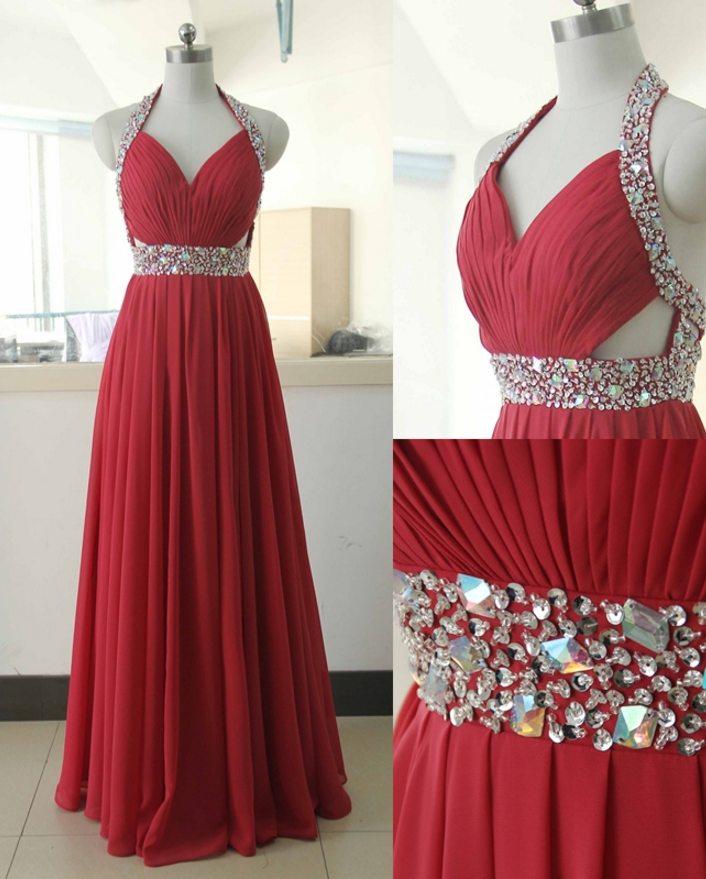 Halter Ruched Chiffon A-line Floor-length Prom Dress, Evening Dress Featuring Rhinestone Embellishment And Cutout Details