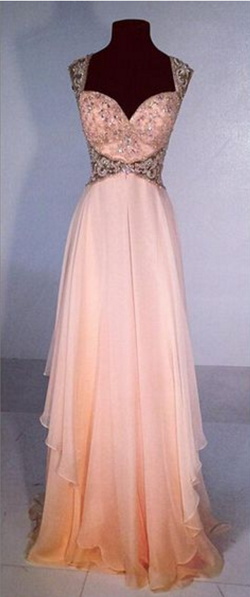 Pink Sleeveless Sweetheart Beaded Chiffon A-line Long Prom Dress, Evening Dress Featuring Cutout Back