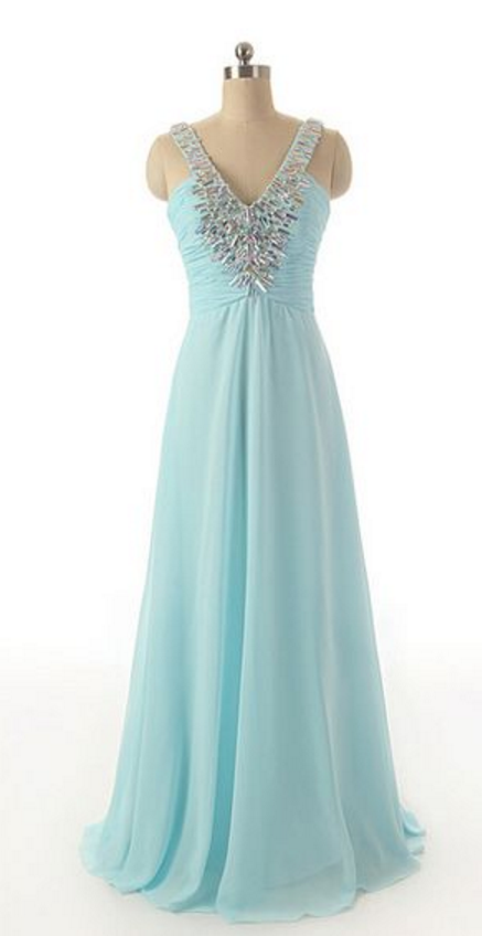 V-neck Prom Dress,long Prom Dress,beautiful Beading Prom Dress,simple Prom Dress, Chiffion Prom Dress,high Quality Prom Dress