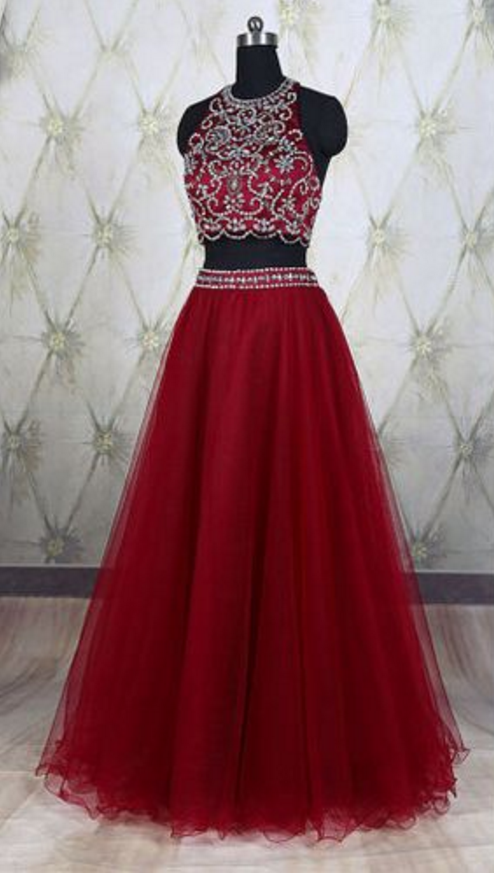 Two Pieces Prom Dress，red Prom Dress,high Quality Prom Dress,beautiful Beading Dress,elegant Wowen Dress,party Dress,evening Dress