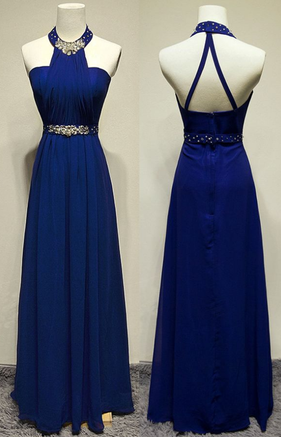Royal Blue Strappy Halter Neckline A-line Prom Dress With Crystal Embellishment