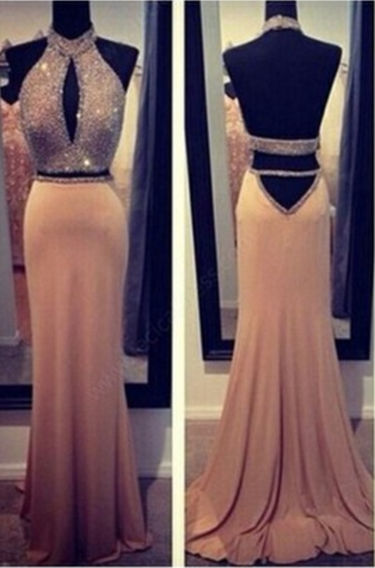 Two Pieces Prom Dress Sexy Halter Open Back Beautiful Beading Prom Dress Evening Dress