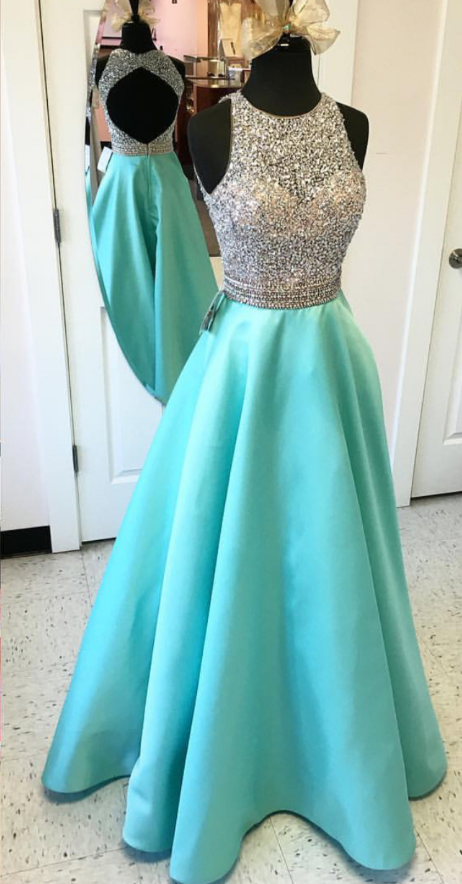 Modest Aqua Evening Dresses With Sheer Neckline Jewel A Line Satin See  Through Hollow Back Designer on Luulla