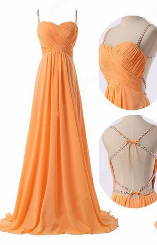 Orange Chiffon Ruched Sweetheart Beaded Embellished Spaghetti Straps Floor Length A-line Prom Dress Featuring Strappy Open Back