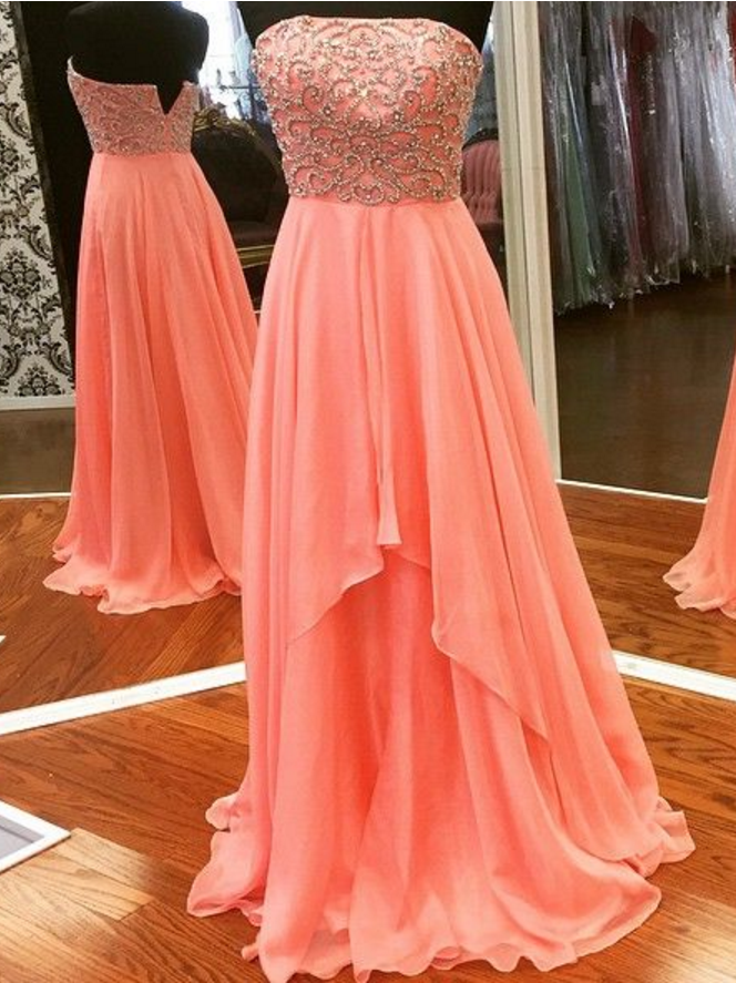 Strapless Coral Long Chiffon Prom Dress With Beading