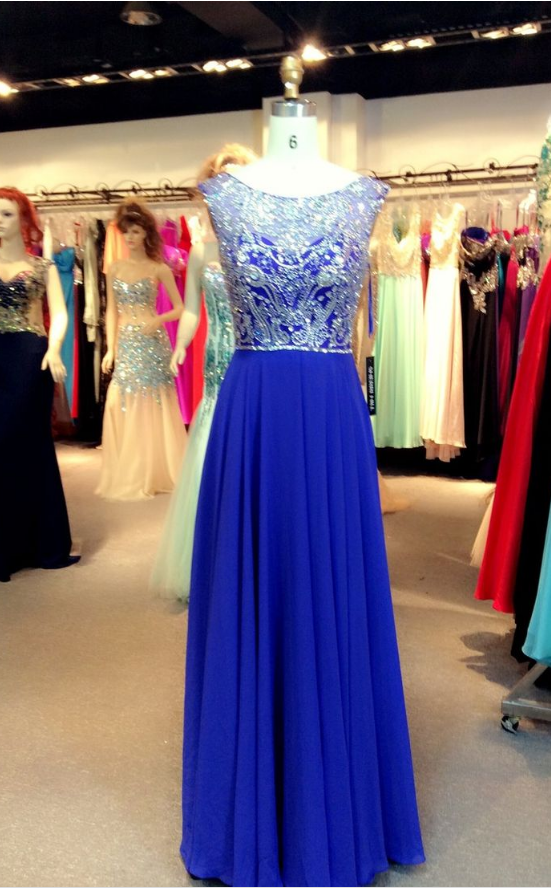 Royal Blue Chiffon Prom Dress With Beads