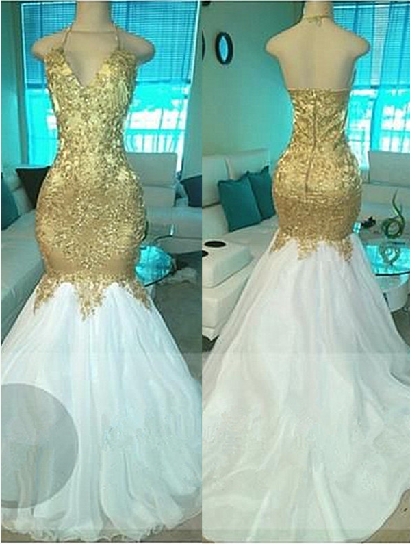 Halter Mermaid Prom Dress With Gold Bodice