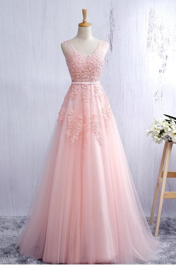 Blush Pink Evening Dress Prom Dress With Lace