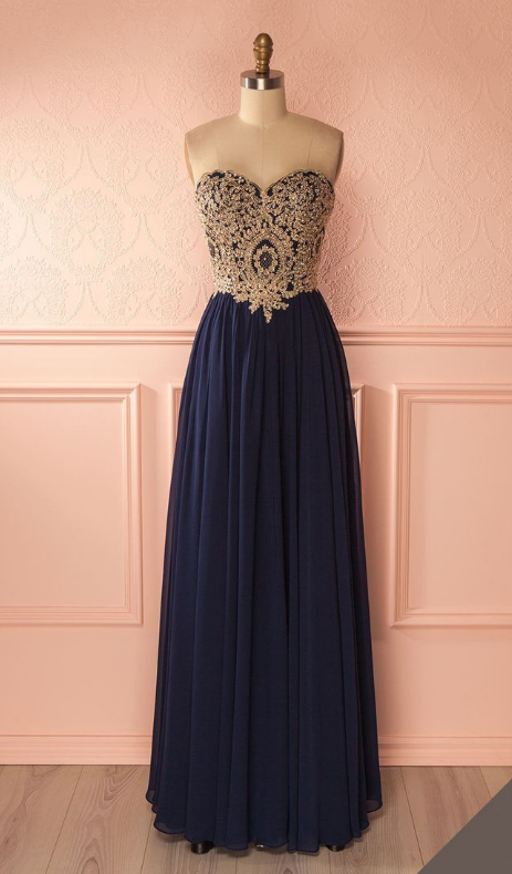 Navy Long Chiffon Prom Dress With Appliques