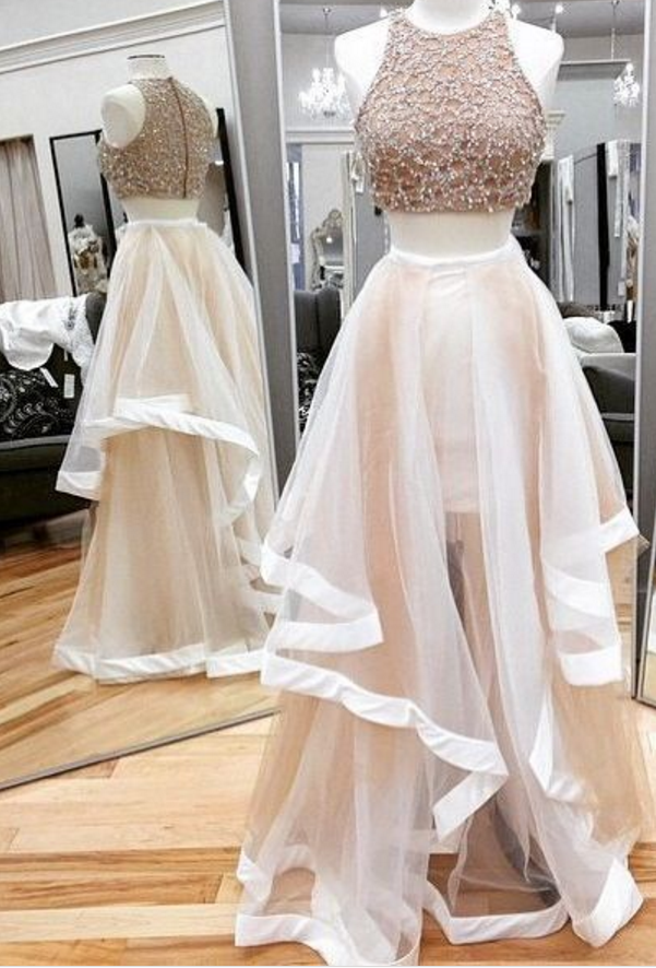 beaded straps for strapless dress Halter Two Piece Pink Tulle Prom Dress With Beaded Appliques TB1358 – TANYA  BRIDAL main image 0