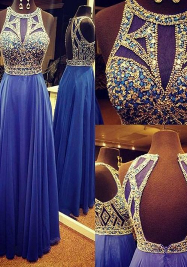 Royal Blue Beaded Prom Dress With Keyhole Back , Evening Dresses