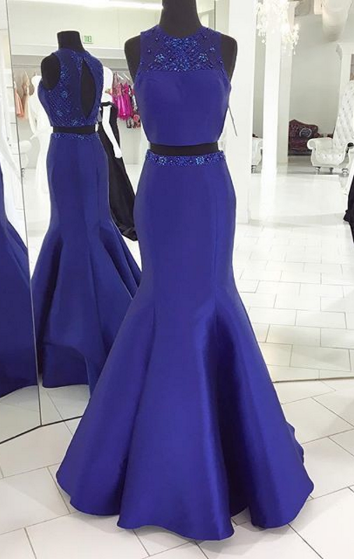 The Royal Blue Two Mermaid Ball Gowns, Beaded, Sleeveless Evening Dresses.