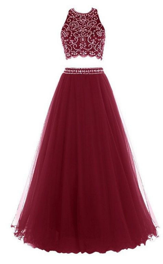 Wine Red Two Ball Dresses And Beads. , With A Sleeveless Evening Gown.