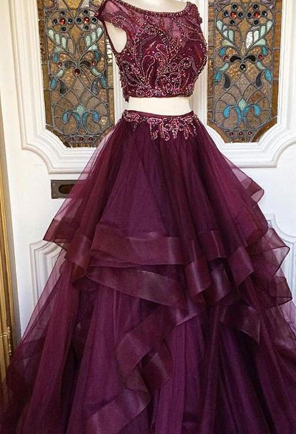 The Wine Red Ball Gown And Bead Two Pieces Prom Dress With A Pair Of Chiffon Ball Gown, Evening Dress.
