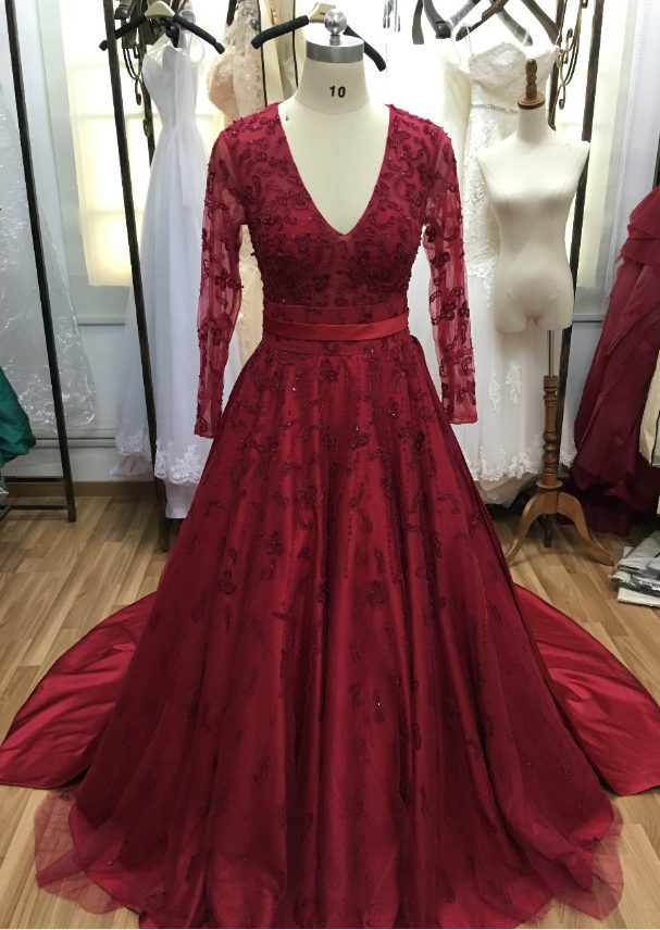 Simple Wine Red Long-sleeved V-neck Dress And Beads, Evening Dress.