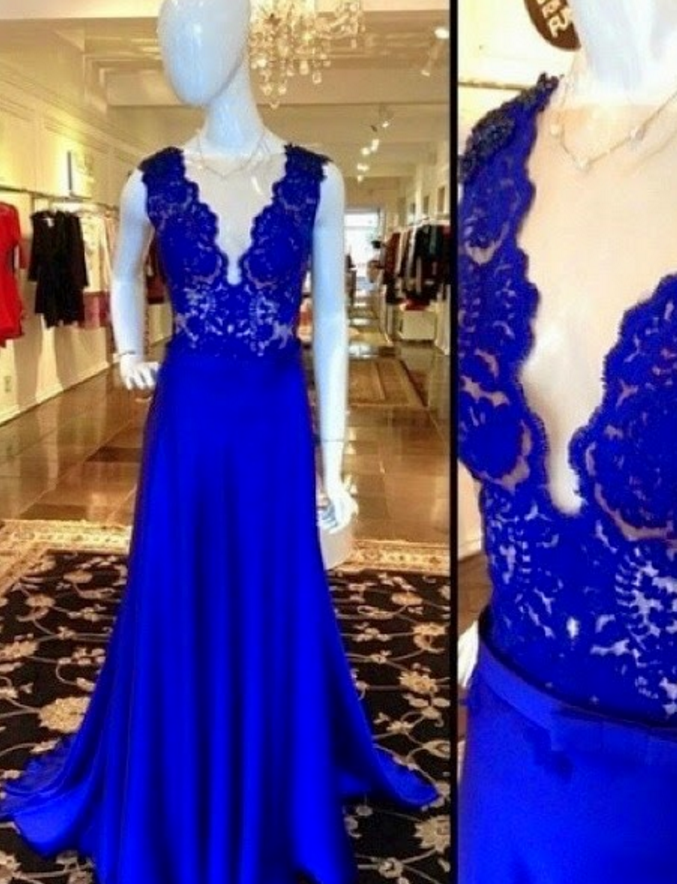 Blue Deep V-neckline Lace Floor Length Evening Dress, Prom Dress