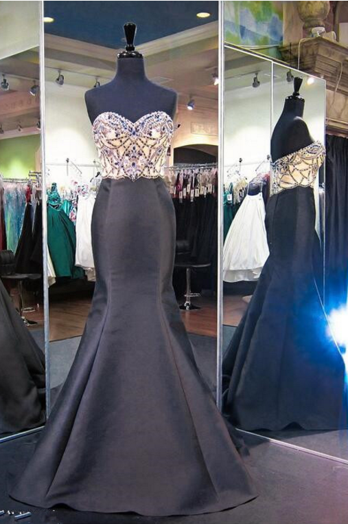 The Black Satin Mermaid Ball Gown With Beaded Head, Evening Dress.
