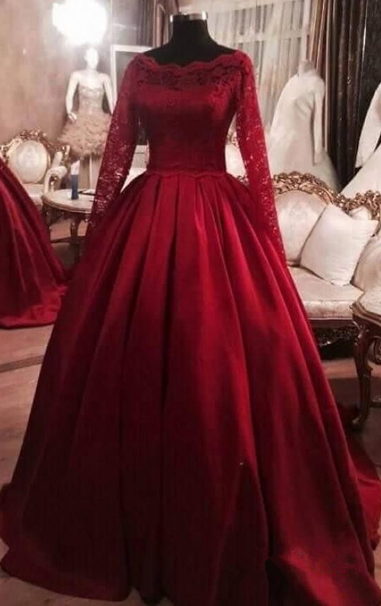 Wine Red Princess Ball Gown, Lace Long Sleeves, Evening Dress.