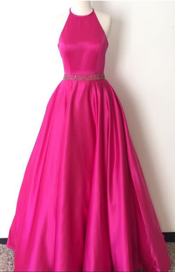 Long Sleeve Fuchsia Ball Gown, Waist, Evening Dress.