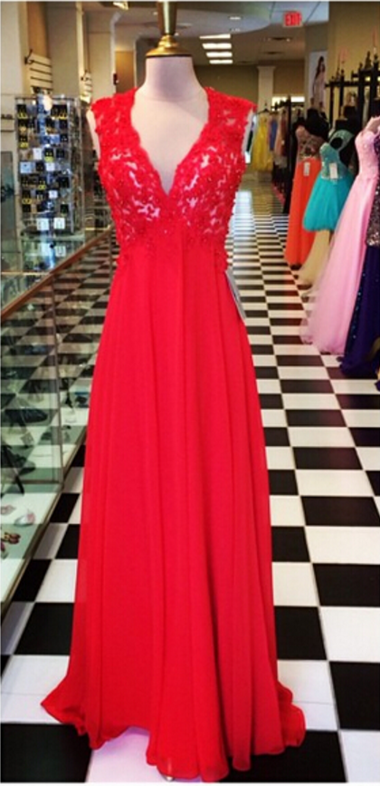 An Open Red Chiffon Gown, Lace Bodice, Evening Dress.
