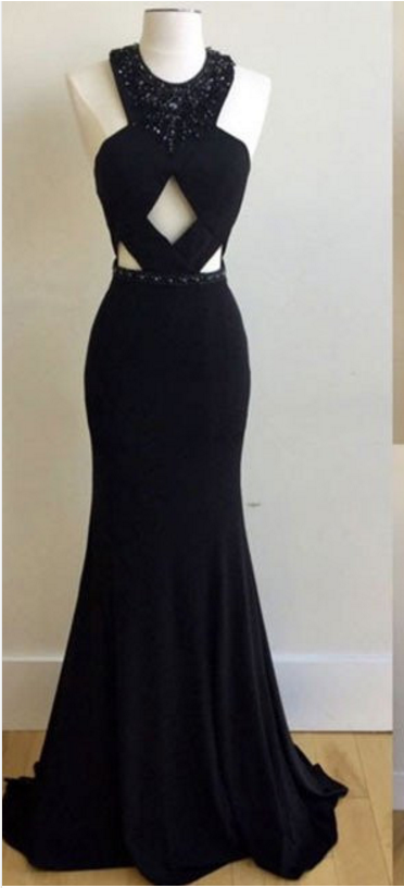 A Gem-neck Black Ball Gown, Evening Dress.