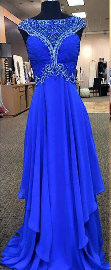 Royal Blue Chiffon Prom Dresses, Beading Formal Dresses, Graduation , A-line Evening Dress