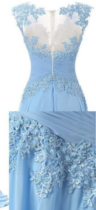 A Blue Long Chiffon Dress With An Illusion Of Lace And Evening Dress ...