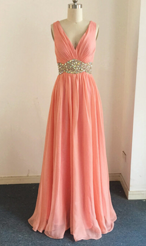 Chiffon Plunge V Sleeveless Floor Length A-line Evening Dress Featuring Beaded Embellished Belt And Criss-cross Open Back