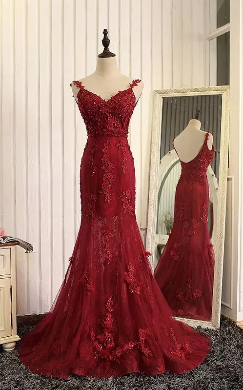 Burgundy Ball Gown With Red Lace.evening Dresses
