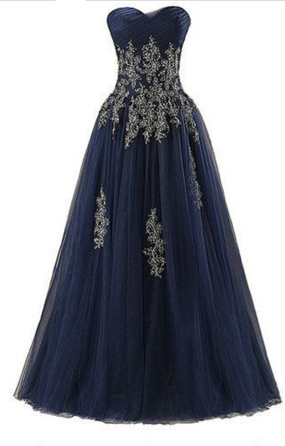 Strapless Navy Prom Dress With Appliques