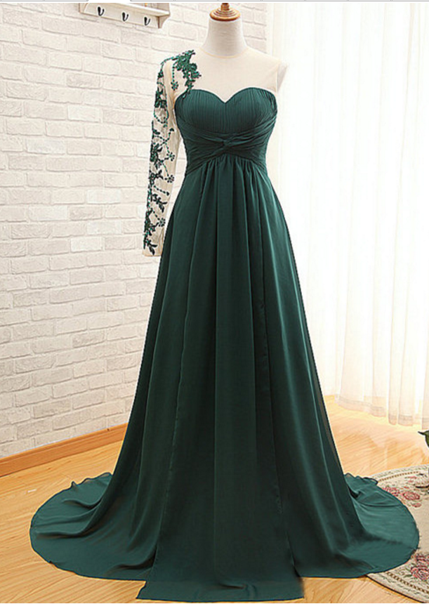 Asymmetric One Sleeves Floor Length Pleated Prom Dress Evening Dress