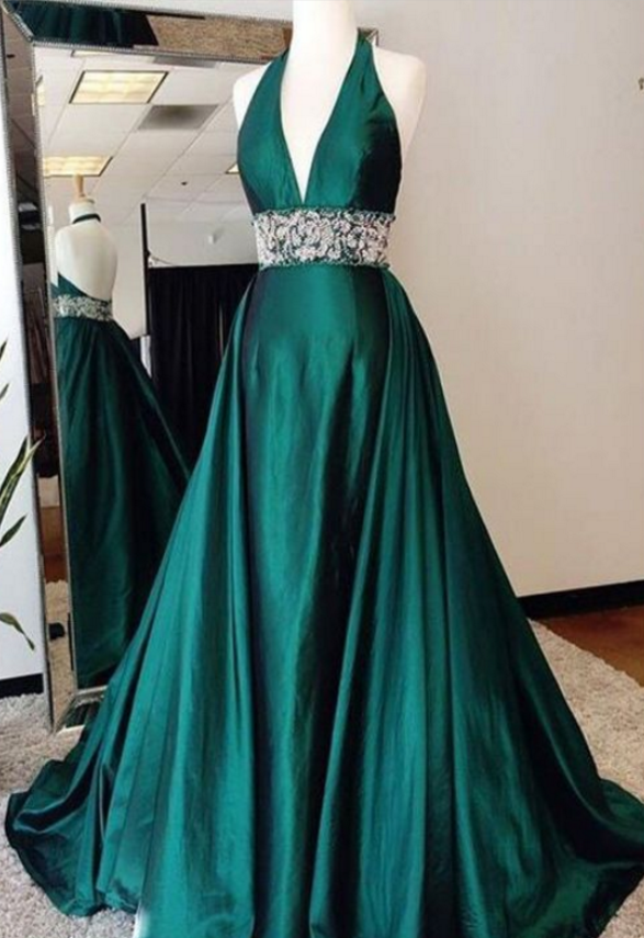 Halter Dark Green Prom Dress With Open Back Evening Dresses on Luulla