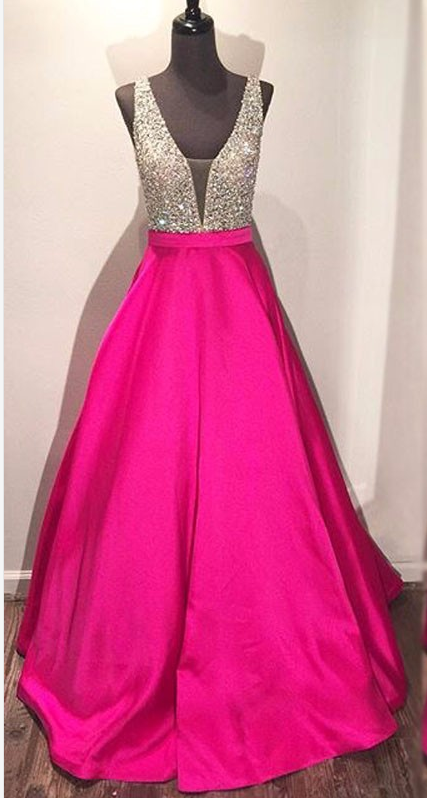 Plunging Neck Prom Dress With Open V-back Evening Dresses