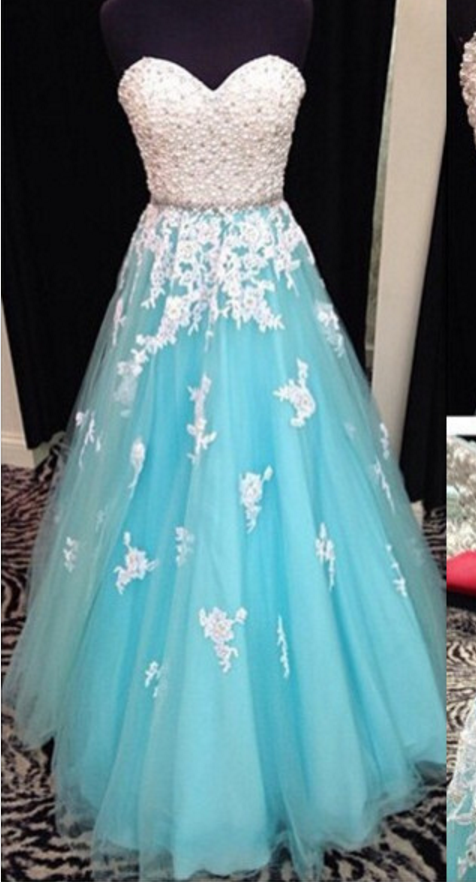 Sleeveless Light Blue Corset Prom Dress With Pearls Crystals