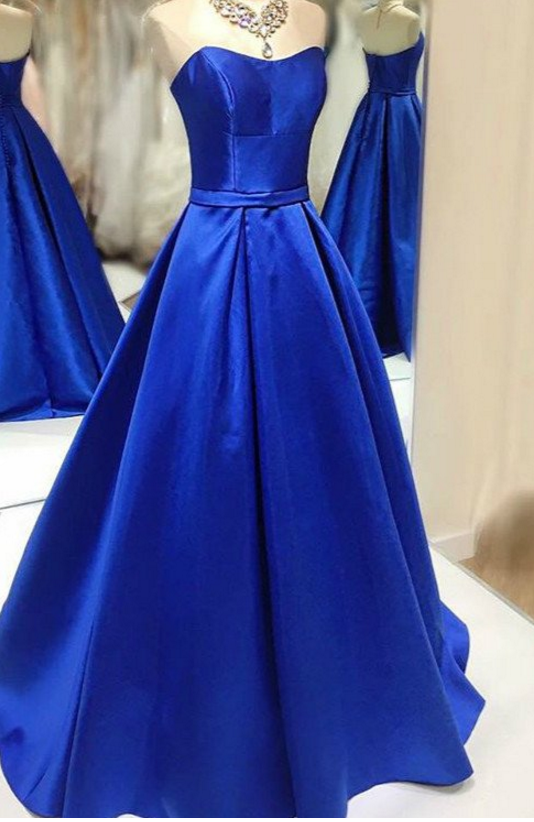 Strapless Royal Blue Satin Prom Dress With Corset Back