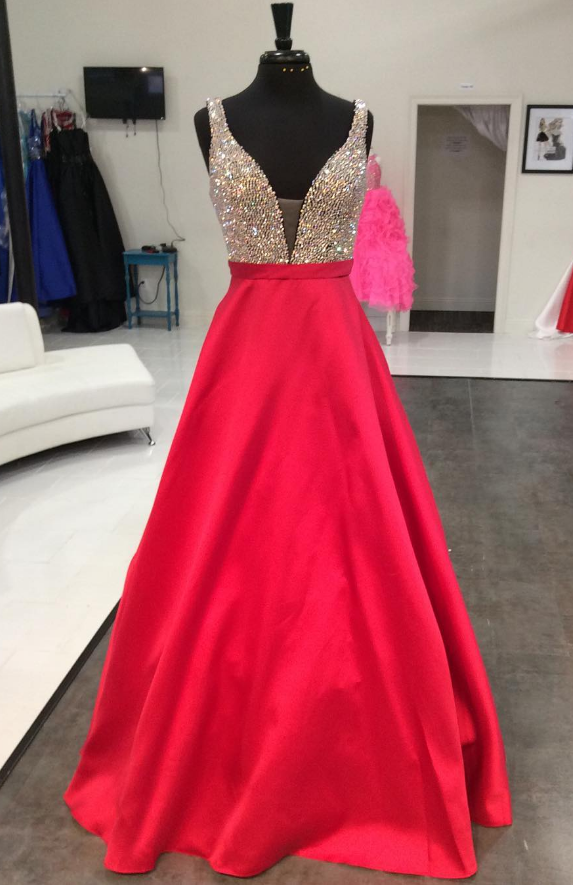 Plunging Neck Floor Length Long Prom Dress With Beaded Bodice