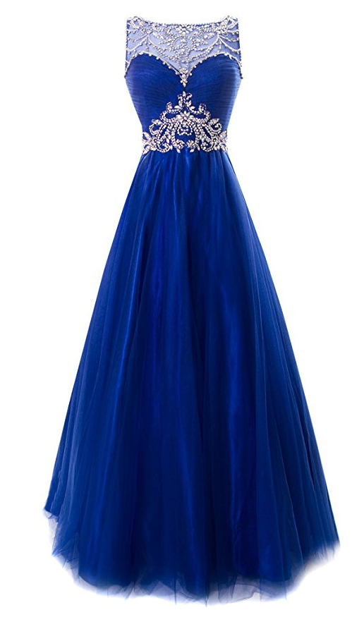 Long Royal Blue Prom Dress With Beaded Illusion Neck