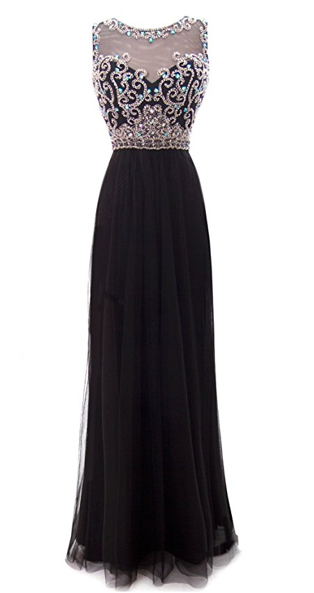 Illusion Neck Beaded Floor Length Black Prom Dress With Keyhole Back