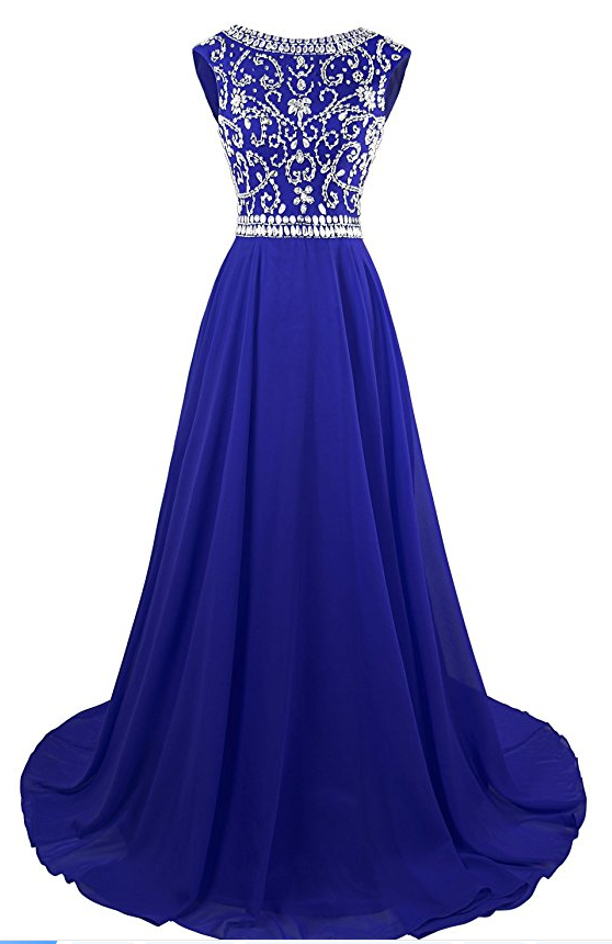 Long Royal Blue Chiffon Prom Dress With Jeweled Bodice