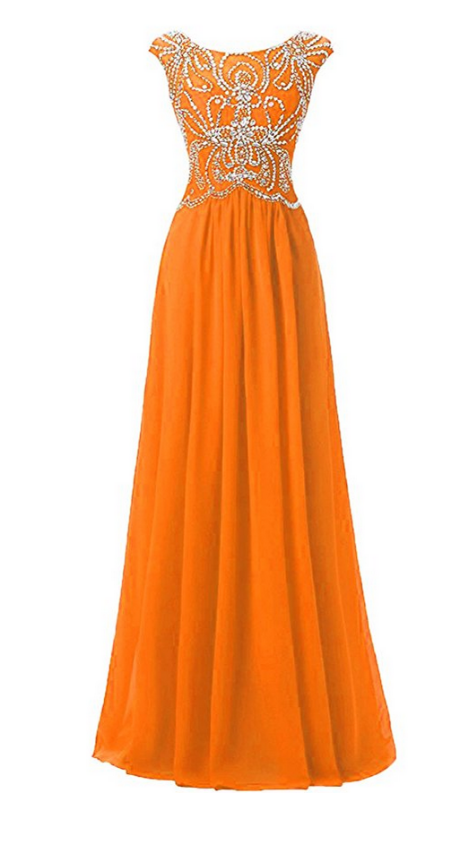 Scoop Neckline Floor Length Orange Chiffon Prom Dress With Beading